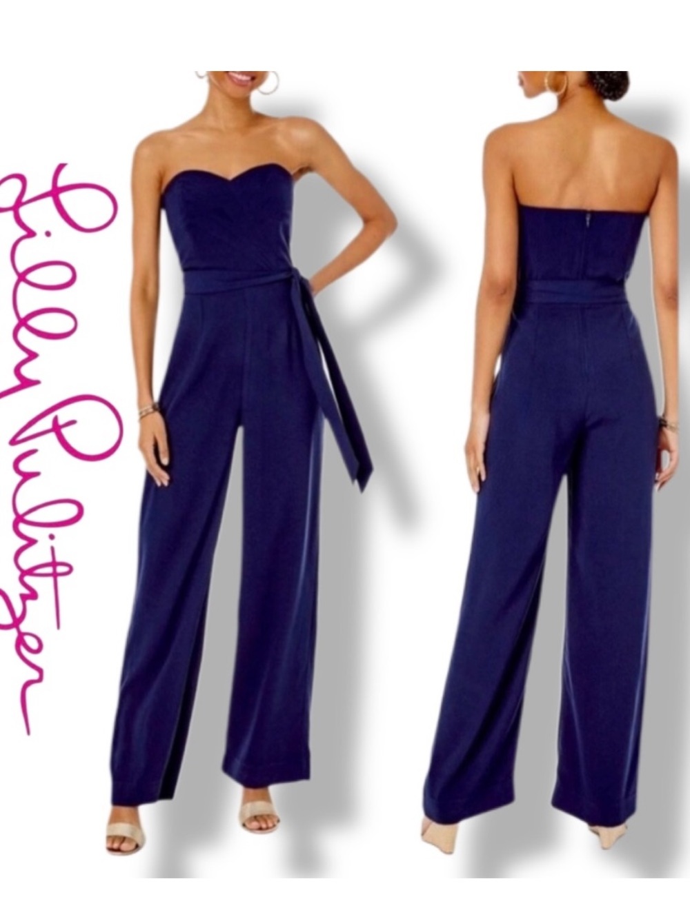 Lilly Pulitzer Kylo Strapless Jumpsuit Wide Leg Navy Blue Size 14